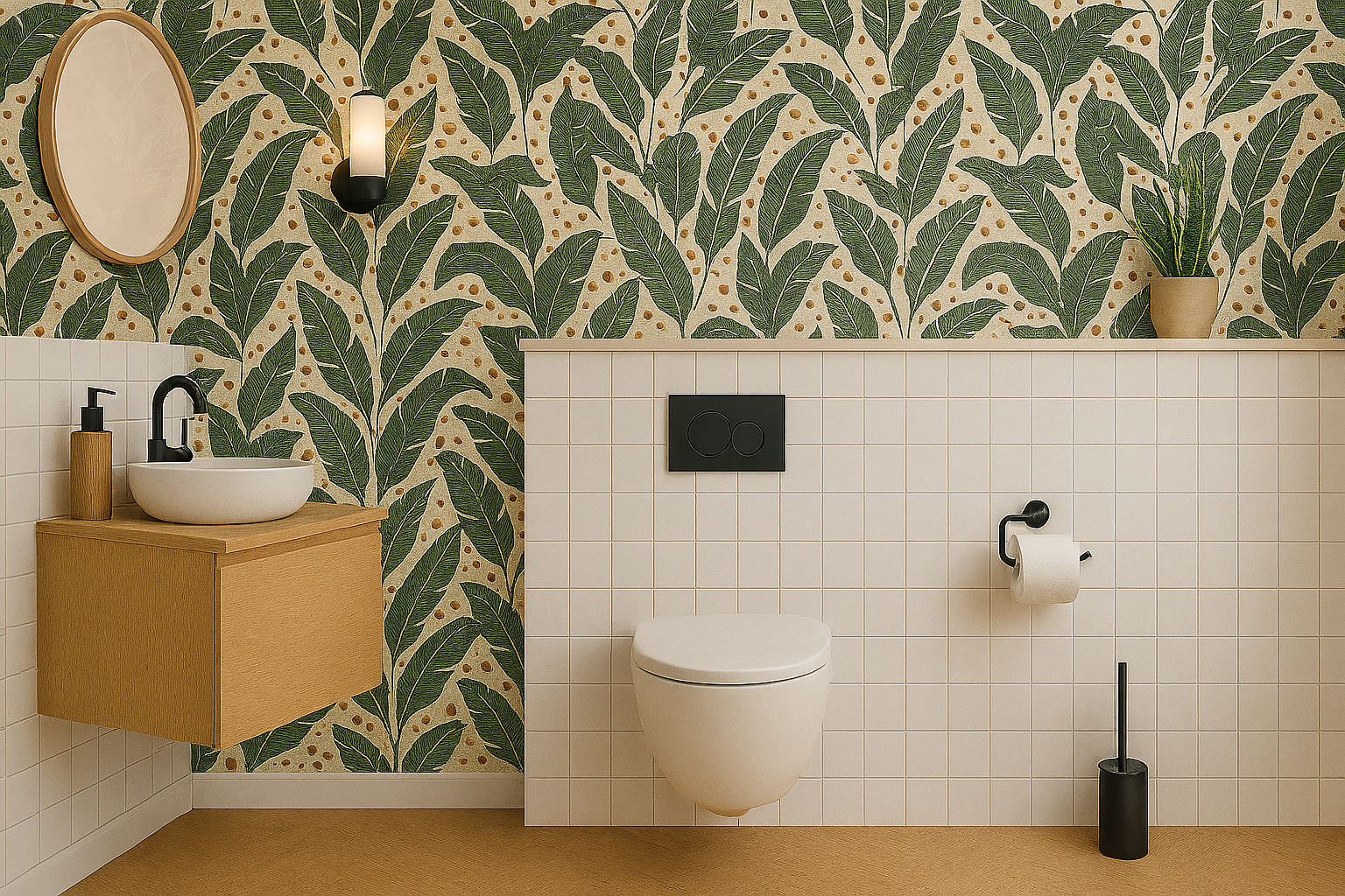 Déco WC avec papier peint végétal, WC suspendu et meuble lave-mains en bois