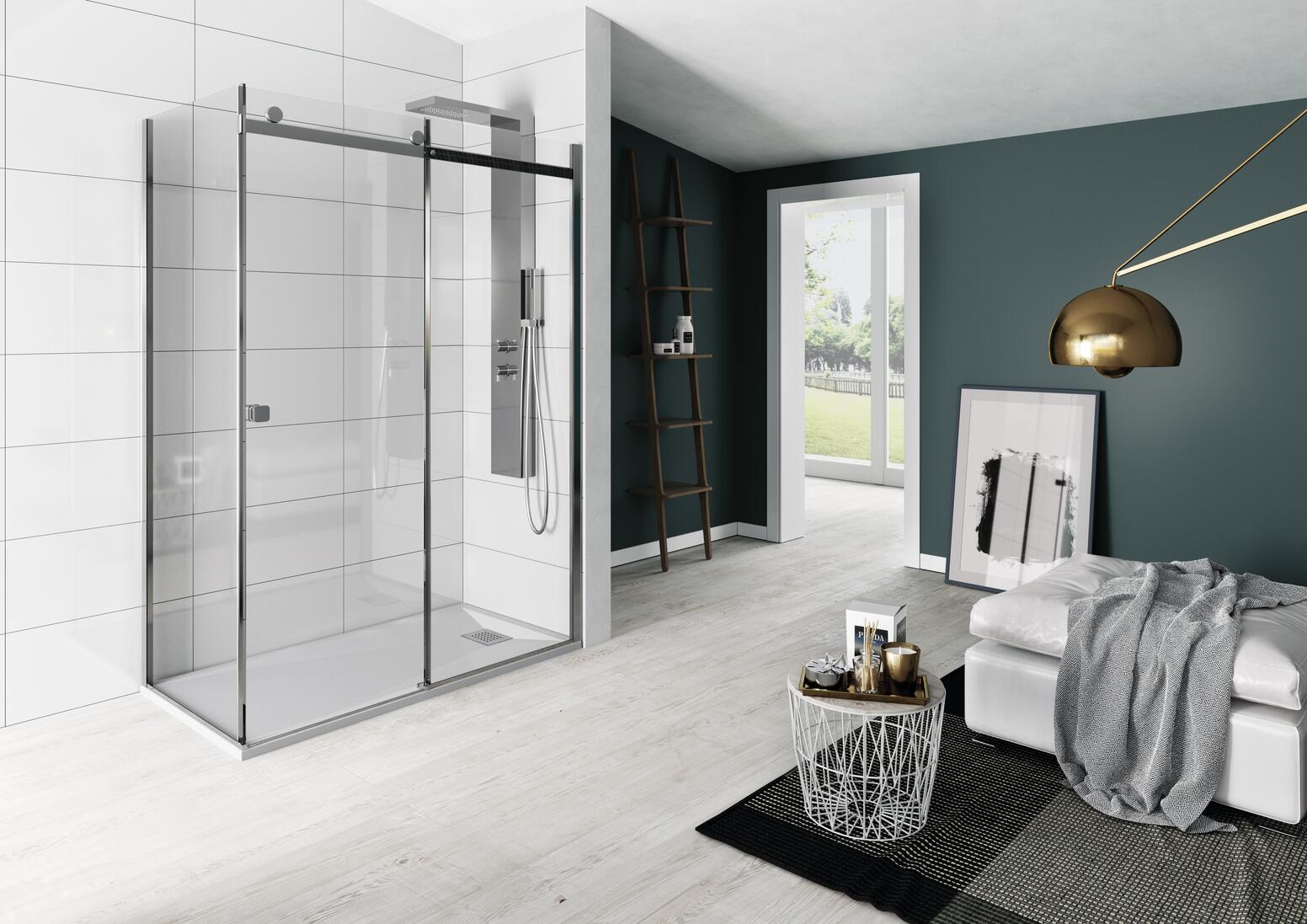 KINESTYLE C+F - Porte coulissante sans seuil avec paroi fixe, montage en angle - Hauteur : 200 cm - Ep. verre : 8 mm