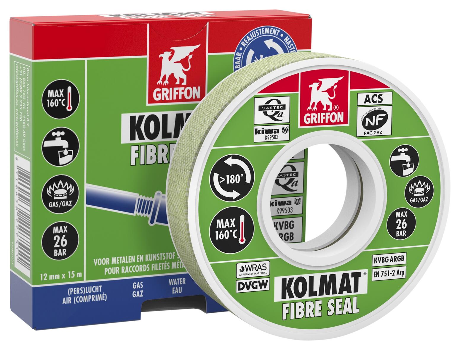KOLMAT FIBRE SEAL - Bande d'étanchéité imprégnée et renforcée de fibres pour raccords filetés en métal et en matière synthétique. Avec ACS et utilisation gaz (EN 751-2)