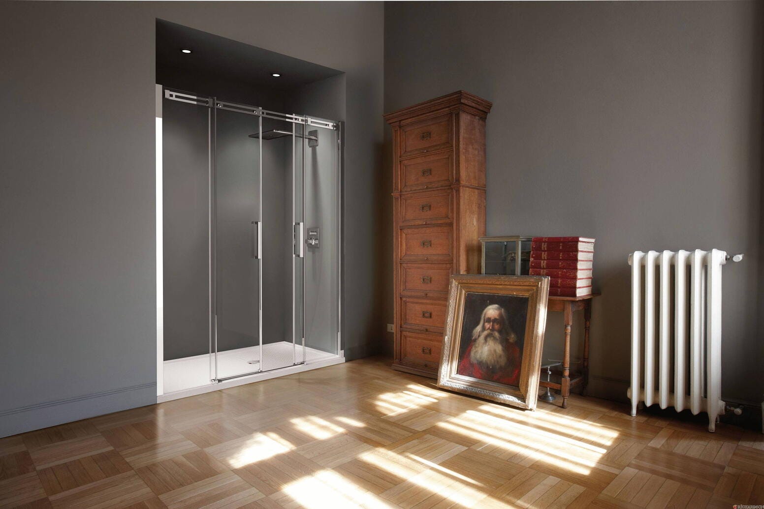 DIAMAMTI 2P - Porte à 4 panneaux (2 coulissants + 2 fixes) avec poignée métallique - Hauteur : 200 cm - Epaisseur du verre : 8 mm