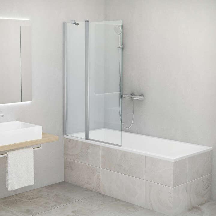 CARIBA - Paroi de baignoire Réversible 2 éléments (1 pivotant et 1 fixe) avec relevage à l'ouverture- Ep. verre 6 mm - Hauteur : 150 cm