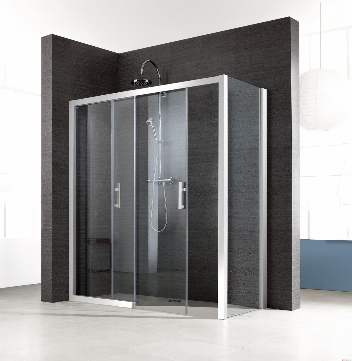 PAROI JAZZ ANGLE - Douche fermée - Porte coulissante et paroi fixe en ligne, et paroi fixe
