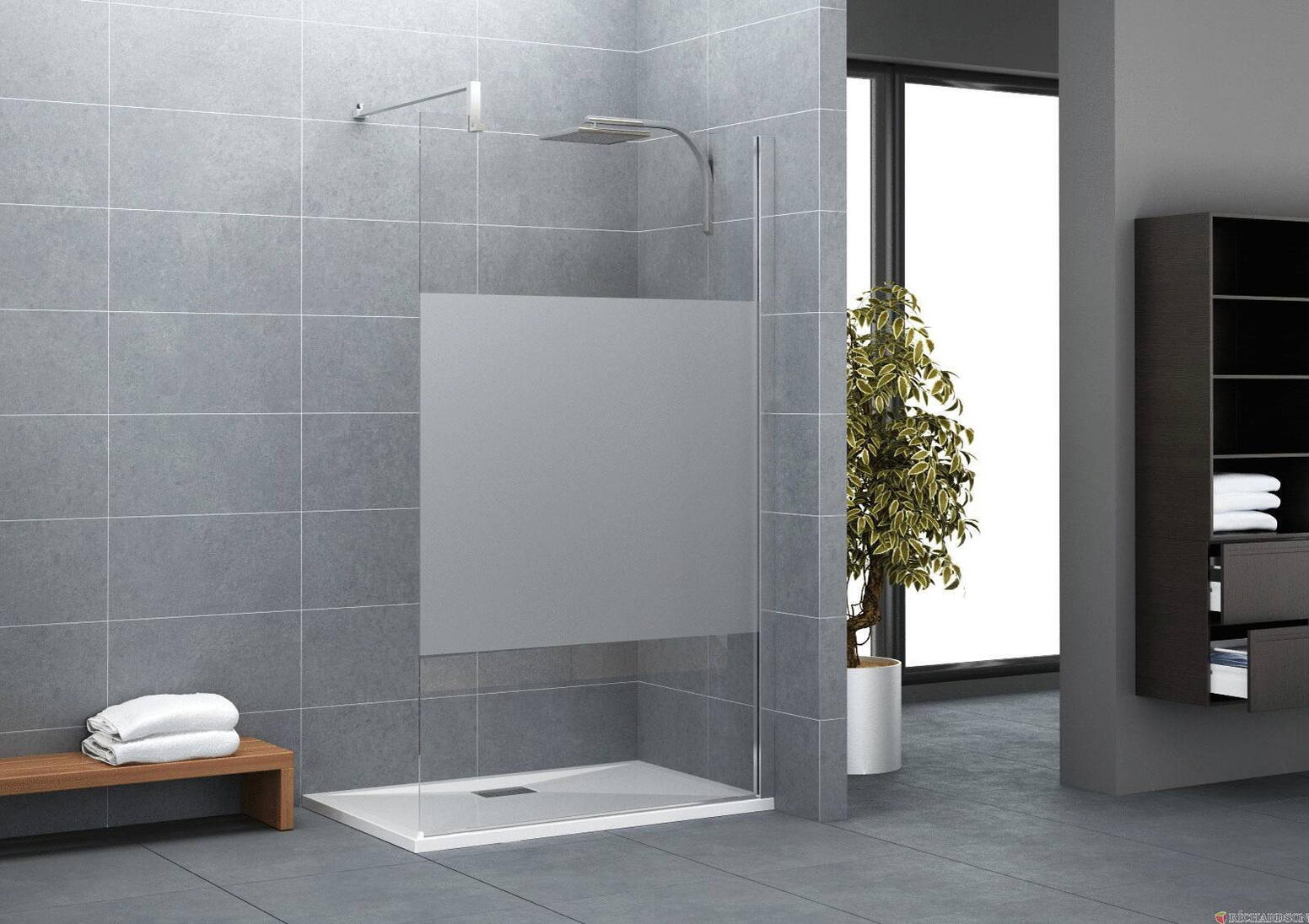 EXCLUSIVE SOLO - Espace de douche sans porte avec barre de renfort droite (profilé à droite) - Hauteur : 200 cm - Ep. du verre : 8 mm