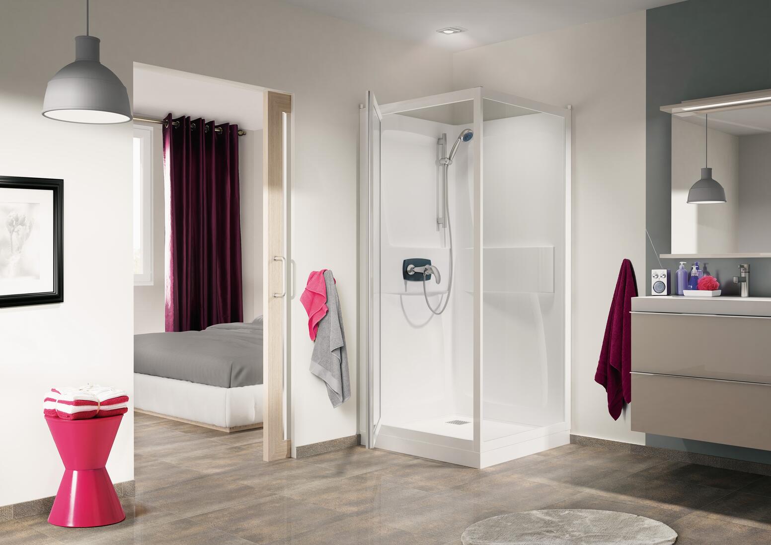KINEPRIME C - Cabine d'angle carré, 1 porte pivotante ou 2 coulissantes