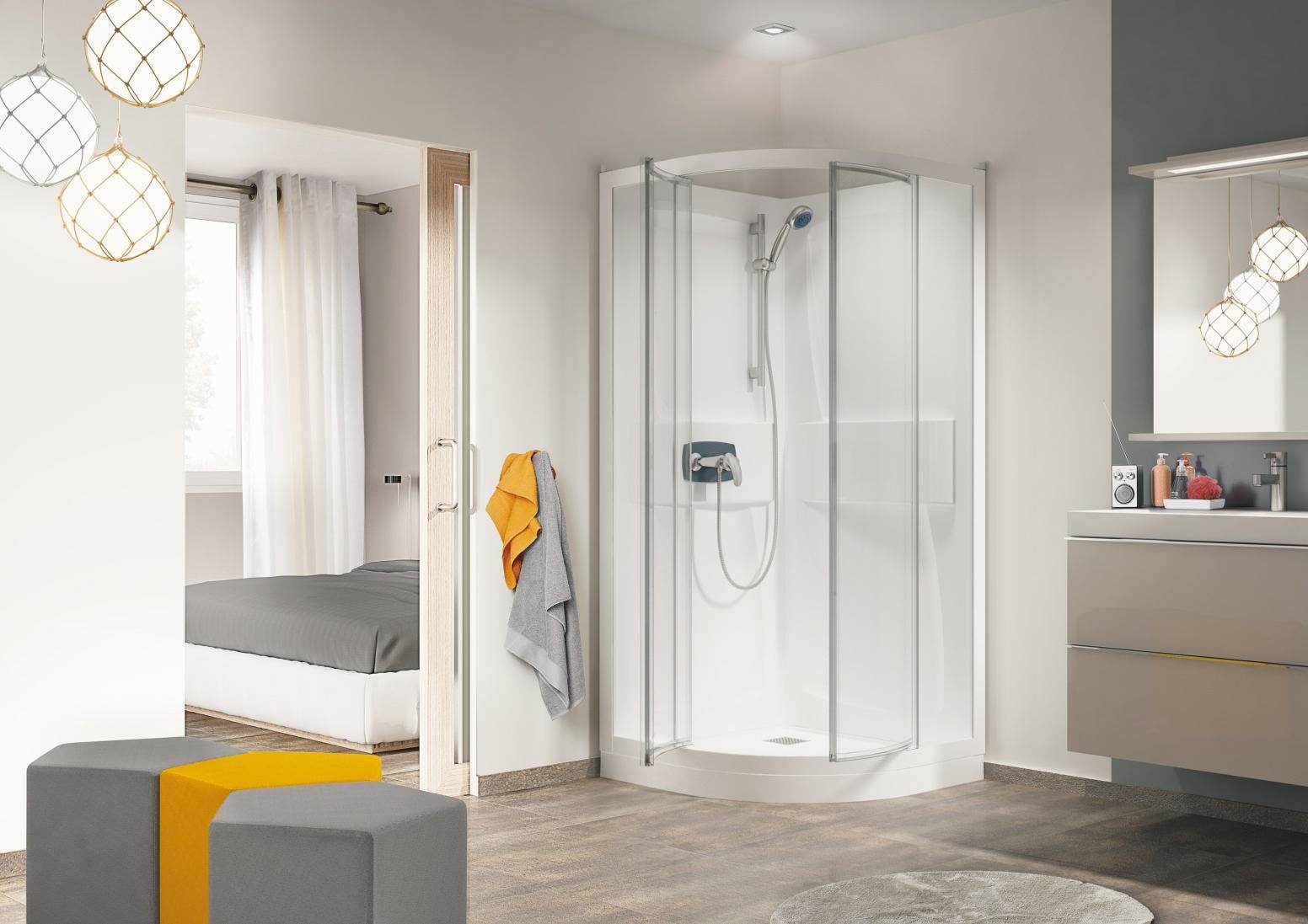 KINEPRIME - Cabine 1/4 de rond à porte pivotante ou coulissante