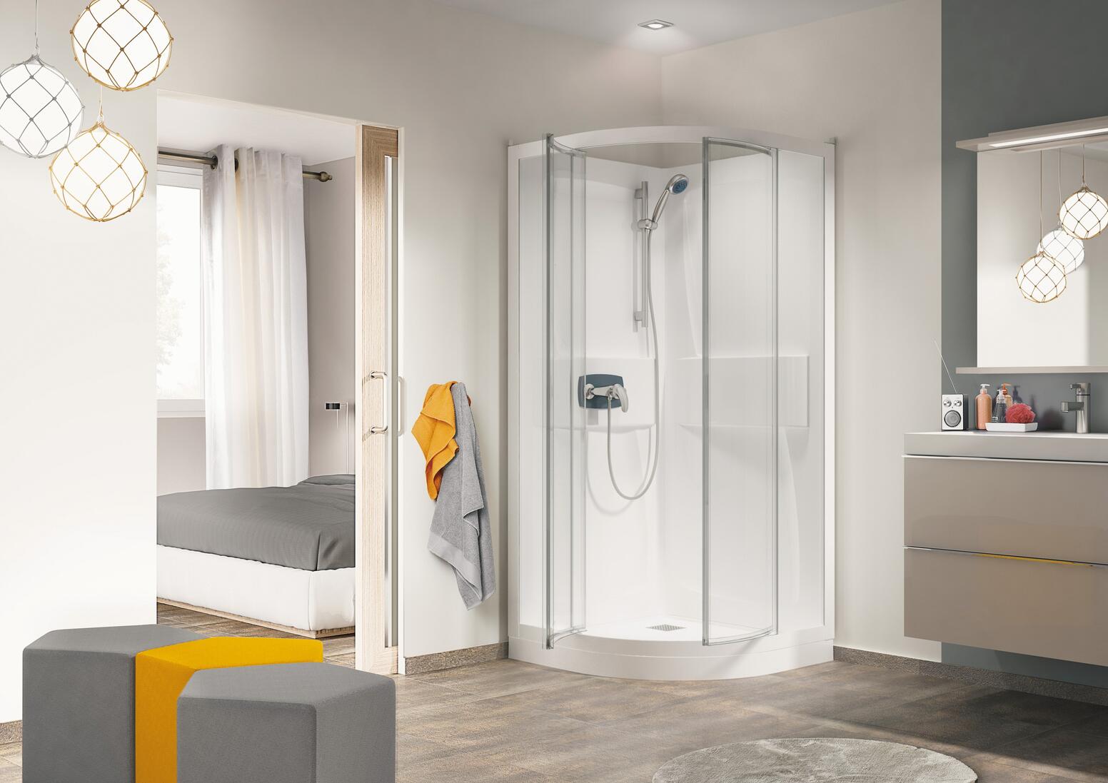 KINEPRIME - Cabine 1/4 de rond à porte pivotante ou coulissante