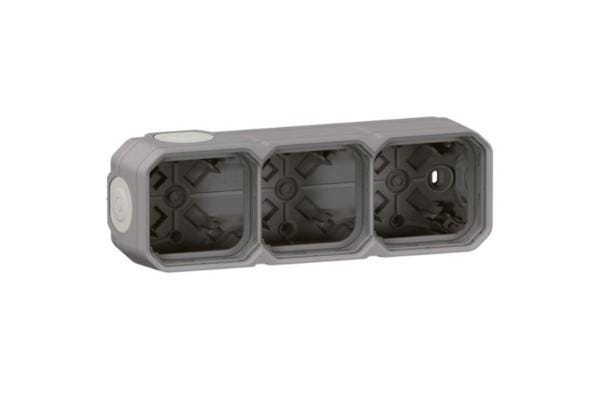 BOITIER SAILLIE ETANCHE PLEXO 3 POSTES HORIZONTAUX ET VERTICAUX SANS CLOISON AVEC 5 EMBOUTS