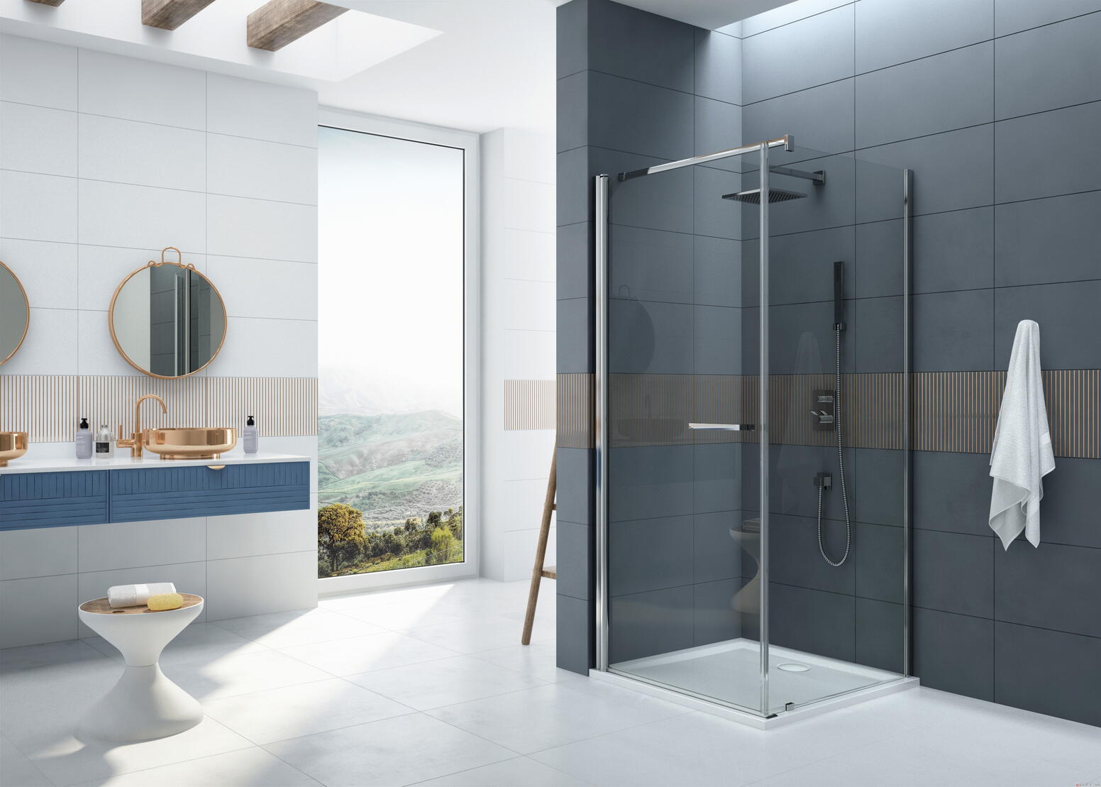 PAROI PREFACE - Porte pivotante accés de face avec paroi fixe à 90°