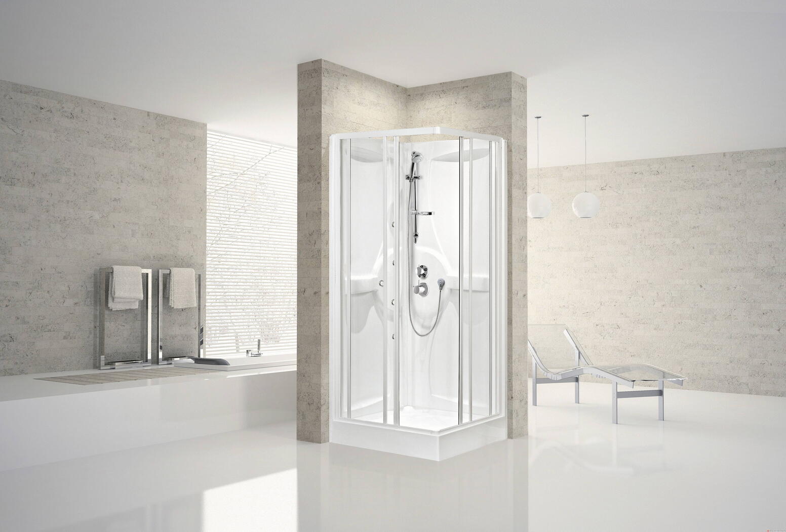 MEDIA - hydromassante, 2 portes coulissantes avec parois fixes - Hauteur : 202 cm - Ep. du verre : 4mm (coulissant) et 3 mm (paroi fixe)