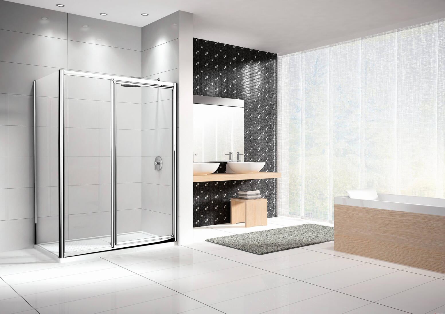 LUNES-G+F - Porte pivotante + paroi fixe en alignement - Hauteur 190 cm - Ep. du verre : 3 mm (porte) - Ep. du verre : 4 mm (paroi fixe)