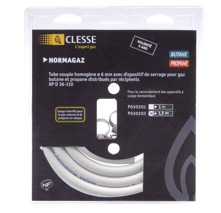 FLEXIBLE GAZ BUTANE ET PROPANE EN RECIPIENT - P0302 - Tuyau Normagaz intérieur  Ø 6, avec 2 colliers