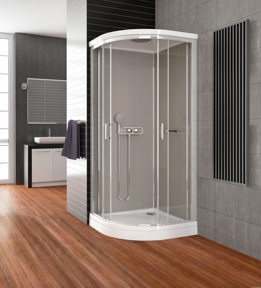 NEW CITY - Cabine 1/4 de rond 2 portes coulissantes déclipsable (ép. du verre : 5 mm) et paroi fixe (ép. du verre : 4 mm) - Hauteur : 219 cm