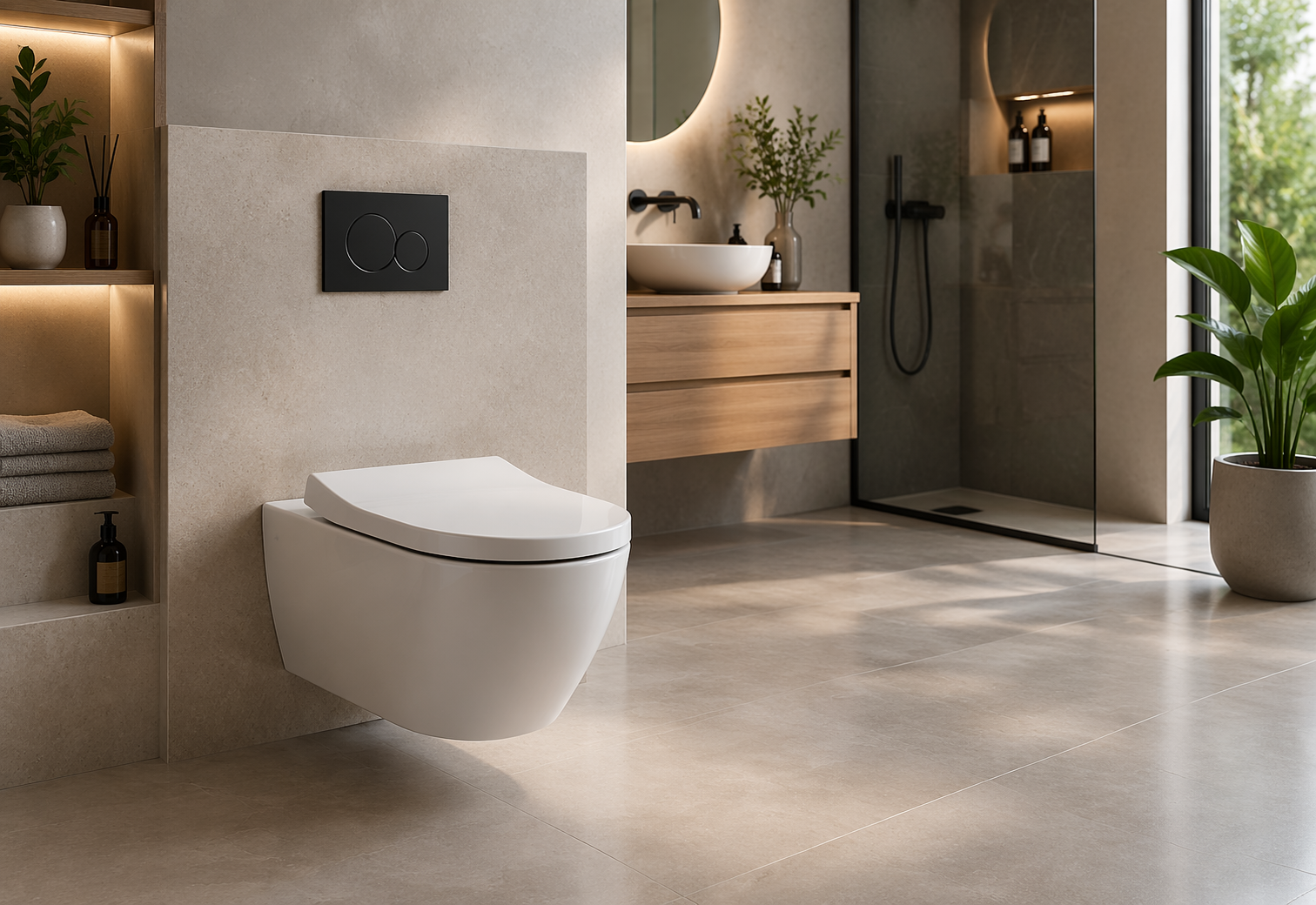 WC suspendu blanc installé sur un mur carrelé dans une salle de bain moderne avec meuble vasque en bois et douche à l’italienne, ambiance lumineuse et épurée