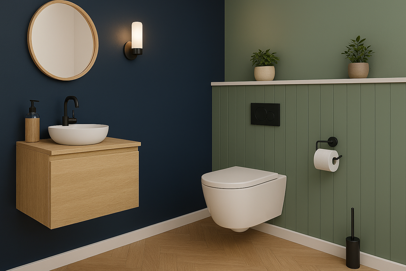 Déco WC moderne avec WC suspendu, bois et couleurs tendance