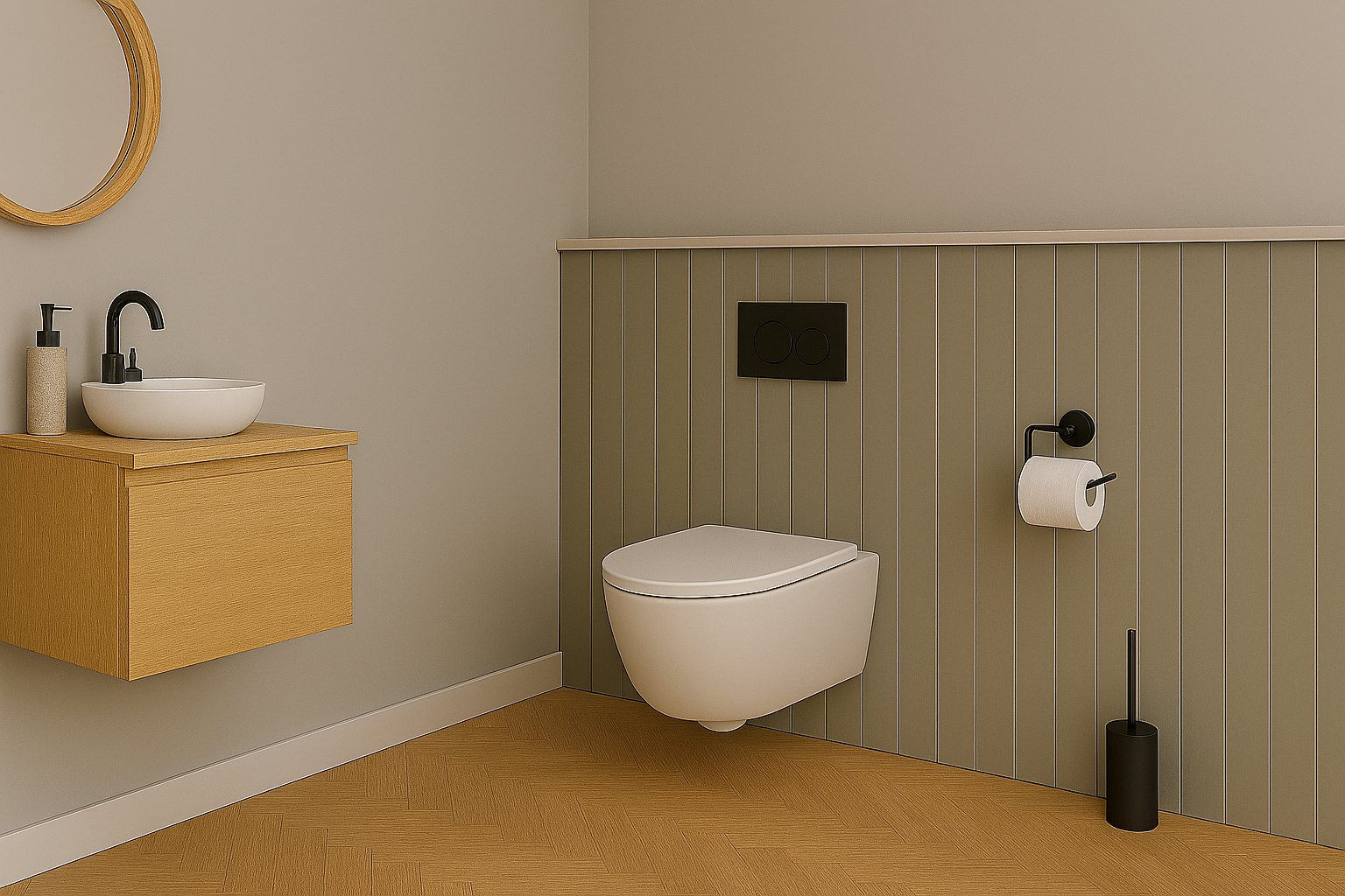  WC suspendu avec lave-mains en bois et aménagement moderne