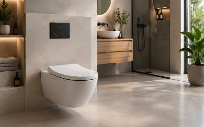 WC suspendu blanc installé sur un mur carrelé dans une salle de bain moderne avec meuble vasque en bois et douche à l’italienne, ambiance lumineuse et épurée