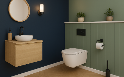 Déco WC moderne avec WC suspendu, bois et couleurs tendance