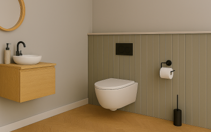  WC suspendu avec lave-mains en bois et aménagement moderne