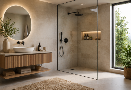  Salle de bain avec douche à l’italienne, paroi en verre et robinetterie noire, meuble bois et ambiance contemporaine