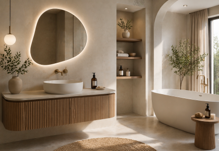  Salle de bain avec meuble aux formes organiques, miroir asymétrique lumineux et baignoire îlot, ambiance douce et naturelle