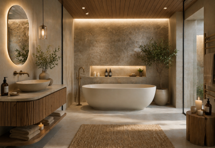  Salle de bain esprit spa avec baignoire îlot, éclairage doux et matériaux naturels, ambiance détente et bien-être