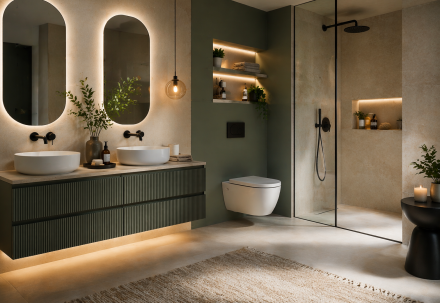 Salle de bain avec meuble vert foncé, double vasque et douche à l’italienne, contrastes modernes et ambiance contemporaine