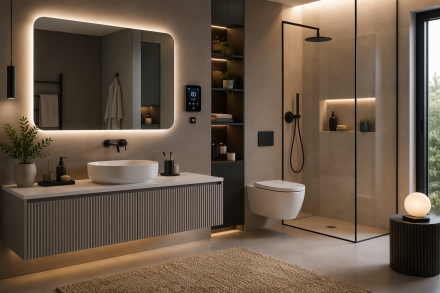 Salle de bain connectée avec miroir intelligent, meuble design et douche à l’italienne, équipement moderne et domotique intégrée