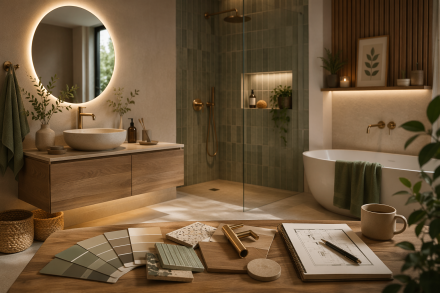 Aménagement de salle de bain avec échantillons de matériaux, meuble bois et douche à l’italienne, projet déco cohérent et personnalisé