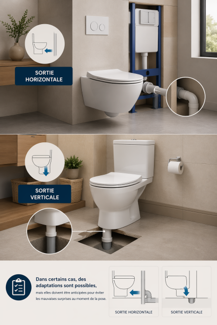 Illustration des deux types d’évacuation WC : sortie horizontale murale et sortie verticale au sol dans des salles de bain modernes