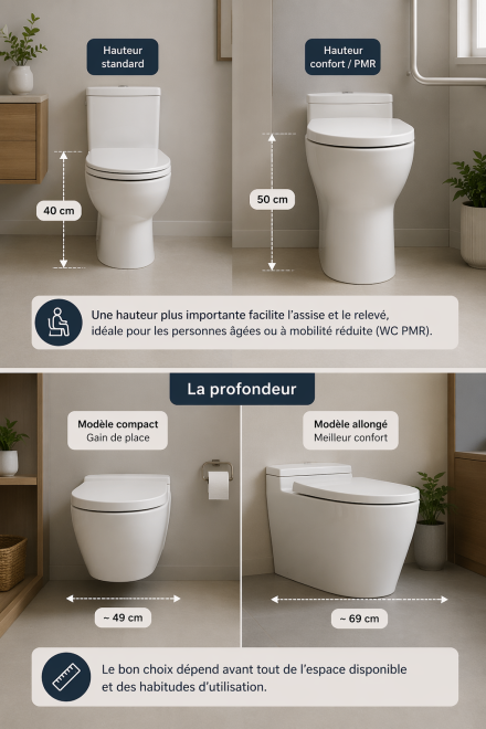 Illustration des dimensions de cuvettes WC avec différentes hauteurs et profondeurs pour améliorer le confort d’utilisation