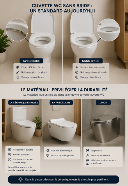 Illustration de cuvettes WC sans bride et avec bride montrant les différences d’hygiène et de nettoyage, ainsi que les matériaux en céramique, porcelaine et inox