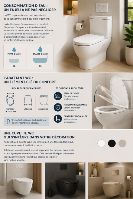 Illustration d’un WC avec double chasse d’eau pour réduire la consommation, d’un abattant avec options de confort et de cuvettes aux différents styles et finitions pour s’intégrer dans la salle de bain