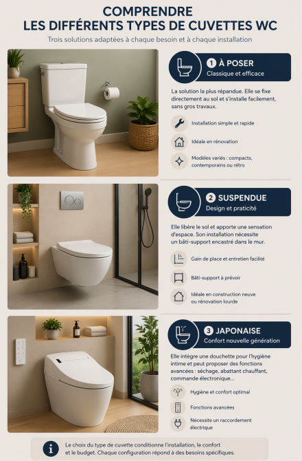 Illustration de trois types de cuvettes WC avec design moderne : modèle à poser au sol, WC suspendu mural et WC lavant japonais dans une salle de bain contemporaine