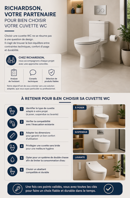 Infographie pour choisir une cuvette WC avec accompagnement Richardson et checklist des critères clés : type de cuvette, évacuation, dimensions, hygiène, consommation d’eau et abattant