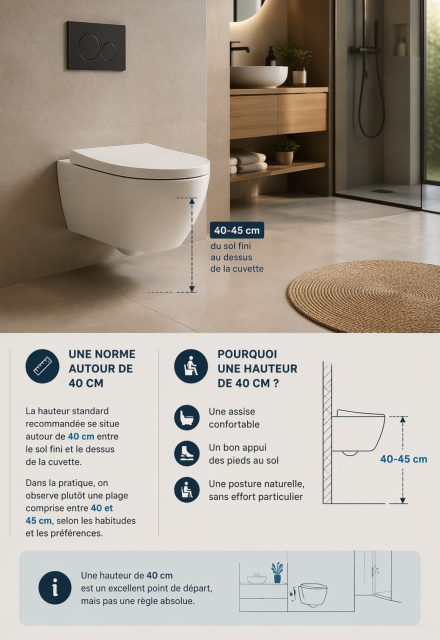 WC suspendu blanc installé à hauteur standard d’environ 40 à 45 cm du sol dans une salle de bain moderne, illustrant une position confortable avec appui naturel des pieds