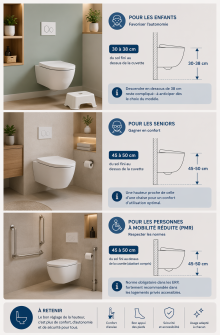 Illustration de WC suspendus avec hauteurs adaptées selon les utilisateurs, enfant, senior et personne à mobilité réduite, dans différentes salles de bain modernes