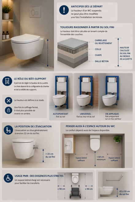 illustration technique de l’installation d’un WC suspendu montrant le calcul de la hauteur à partir du sol fini, le bâti-support, la position de l’évacuation et les espaces nécessaires autour de la cuvette