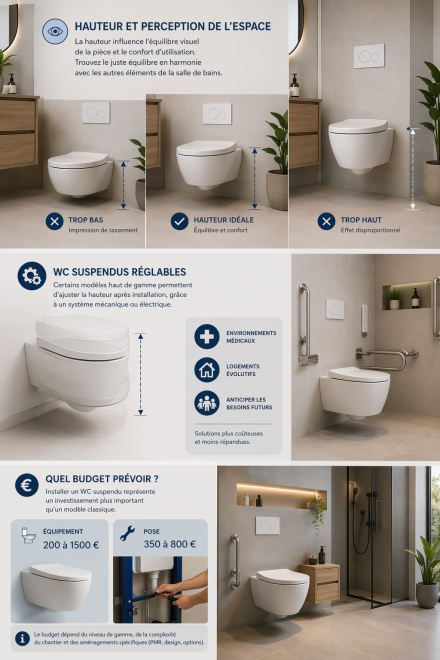 Différentes installations de WC suspendus à hauteurs variées dans des salles de bain modernes illustrant l’impact visuel, des modèles réglables et un environnement sanitaire avec barre de maintien