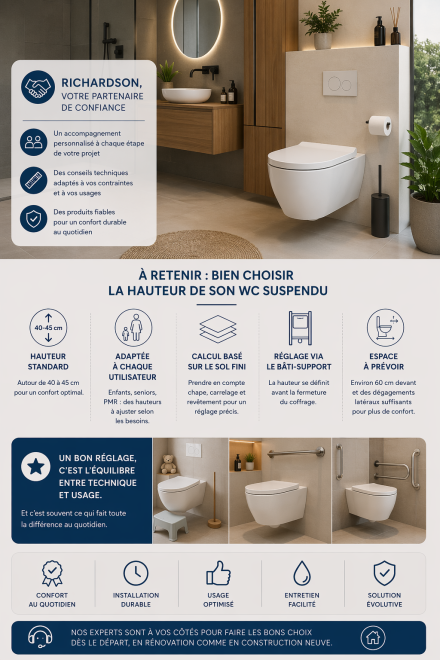 salle de bain moderne avec WC suspendu intégré dans un environnement épuré illustrant un choix équilibré entre hauteur, confort, contraintes techniques et espace, avec approche professionnelle et durable
