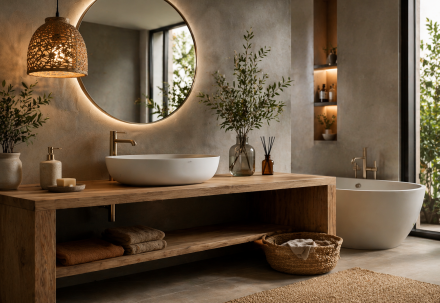 Salle de bain tons naturels avec meuble en bois, vasque blanche et ambiance apaisante
