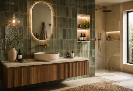  Salle de bain avec carrelage texturé vert effet zellige, meuble suspendu en bois et vasque design, ambiance élégante et minérale