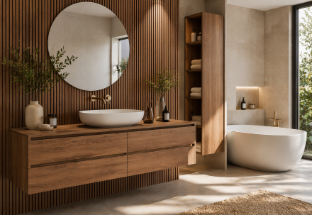  Salle de bain avec meuble en bois structurant, vasque moderne et panneau mural à lattes bois, ambiance naturelle et chaleureuse