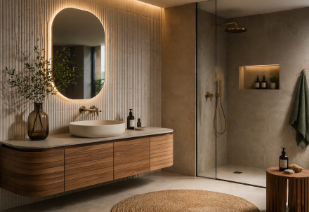 Salle de bain avec meuble arrondi en bois, miroir organique rétroéclairé et douche moderne, ambiance douce et contemporaine