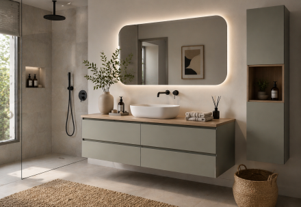 Salle de bain avec meuble suspendu moderne, vasque design et miroir éclairé, ambiance épurée et fonctionnelle