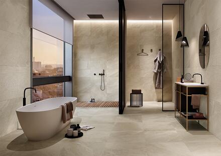 Carrelage effet travertin pour une salle de bains rustique