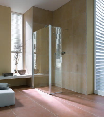 DIGA - Paroi fixe avec élément mobile pivotant à 90°, mécanisme de relevage à l'ouverture et fermeture magnétique - Hauteur : 200 cm - Ep. du verre : 6 mm