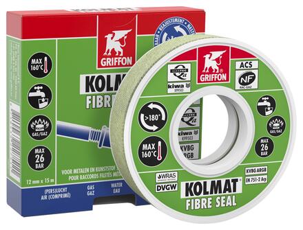 KOLMAT FIBRE SEAL - Bande d'étanchéité imprégnée et renforcée de fibres pour raccords filetés en métal et en matière synthétique. Avec ACS et utilisation gaz (EN 751-2)