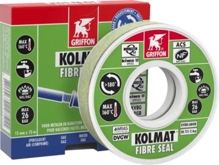 KOLMAT FIBRE SEAL - Bande d'étanchéité imprégnée et renforcée de fibres pour raccords filetés en métal et en matière synthétique. Avec ACS et utilisation gaz (EN 751-2)