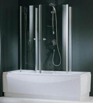 AURORA 4 - Cabine pour baignoire à 4 panneaux pivotants - Profilé blanc - Hauteur 150 cm - Verre 5 mm volet cintré, 6 mm volet plat