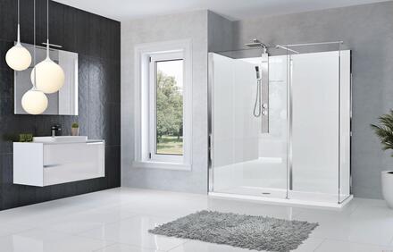 REVOLUTION - Cabine de douche rectangulaire 1 porte coulissante avec partie fixe à gauche et paroi fixe latérale